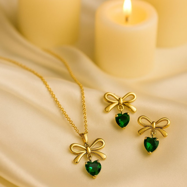 Elegant Bow & Heart Pendant Jewelry Set (Necklace & Earrings) – Gold Plated with Green Stone