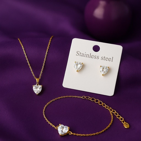 Luxury Heart Solitaire Stainless Steel Jewelry Set (Necklace, Bracelet & Earrings) – Gold Plated