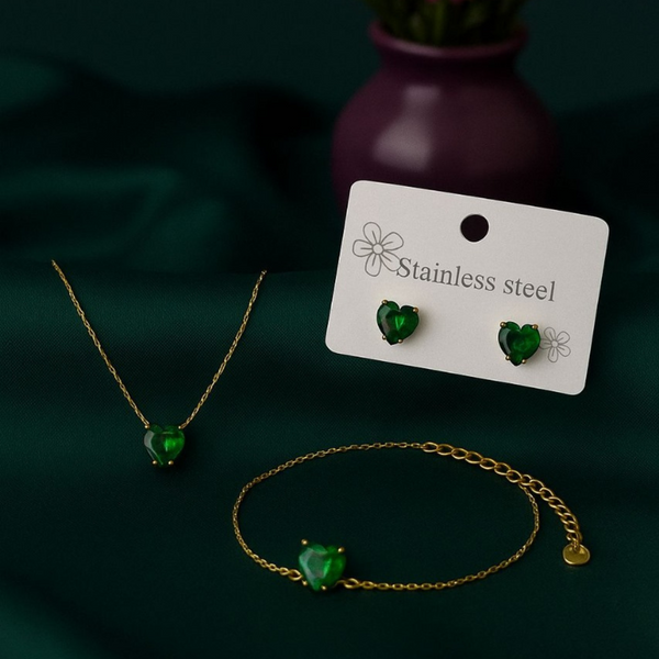 Emerald Heart Stainless Steel Jewelry Set (Necklace, Bracelet & Earrings) – Gold Plated