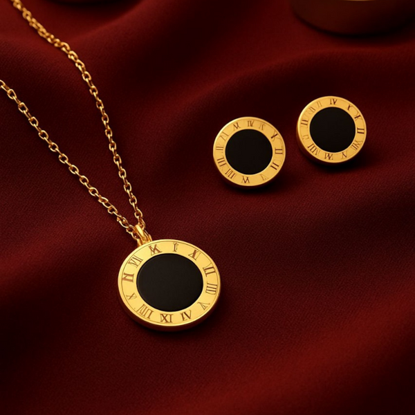 Roman Numeral Black Enamel Pendant & Earrings Set – Gold Plated Stainless Steel