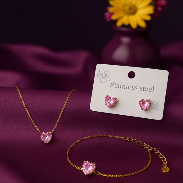 Pink Heart Stainless Steel Jewelry Set (Necklace, Bracelet & Earrings) – Gold Plated